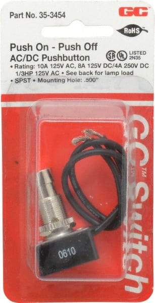GC/Waldom - 1/2 Inch Mount Hole, Pushbutton Switch Only - Round, Chrome Pushbutton, Nonilluminated, Maintained (MA), On-Off - Apex Tool & Supply