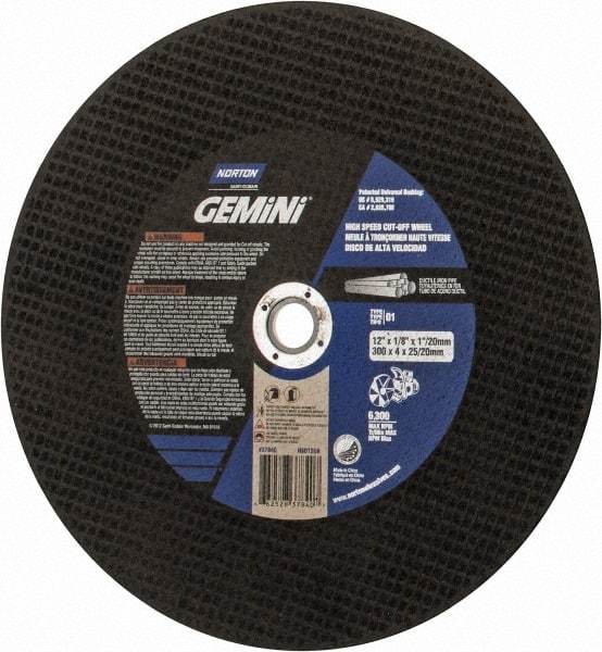 Norton - 12" 24 Grit Aluminum Oxide/Silicon Carbide Blend Cutoff Wheel - 1/8" Thick, 1" Arbor, 6,360 Max RPM, Use with Electric & Gas Powered Saws - Apex Tool & Supply