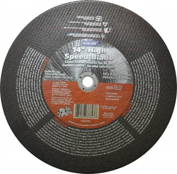 Norton - 14" 24 Grit Aluminum Oxide/Silicon Carbide Blend Cutoff Wheel - 1/8" Thick, 1" Arbor, 5,400 Max RPM, Use with Electric & Gas Powered Saws - Apex Tool & Supply