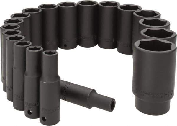 Paramount - 19 Piece 1/2" Drive Deep Well Impact Socket Set - 6 Points, 3/8" to 1-1/2" Range, Inch Measurement Standard - Apex Tool & Supply