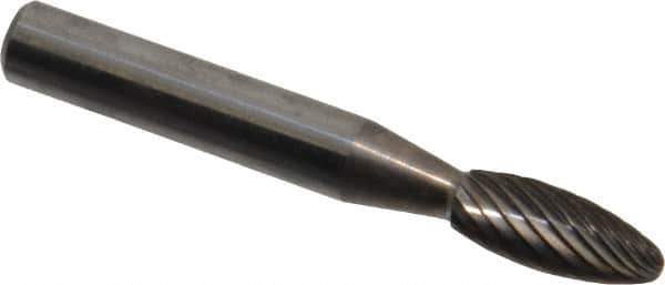 Atrax - 1/4" Cut Diam, 1/4" Shank Diam, Flame Head Single Cut Burr - Carbide, Radius End, 3/8" LOC, 2" OAL - Apex Tool & Supply