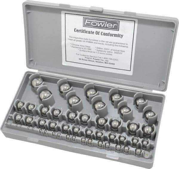 Fowler - 1/8 to 1 Inch Diameter, Chrome Steel, Gage Ball Set - 0.0001 Inch Tolerance, Grade 24 Accuracy, 63 RC Hardness, 26 Pairs - Apex Tool & Supply