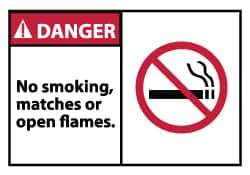 NMC - Accident Prevention Label, Header: DANGER - Legend: Danger - No Smoking, Matches or Open Flames, English, Red, Black & White, 5" Long x 3" High, Sign Muscle Finish - Apex Tool & Supply