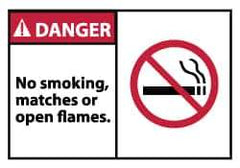 NMC - Accident Prevention Label, Header: DANGER - Legend: Danger - No Smoking, Matches or Open Flames, English, Red, Black & White, 5" Long x 3" High, Sign Muscle Finish - Apex Tool & Supply
