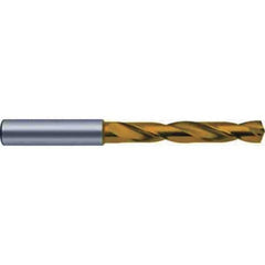 Guhring - 12.9mm 140° Spiral Flute Solid Carbide Screw Machine Drill Bit - TiN Finish, Right Hand Cut, 77mm Flute Length, 124mm OAL, SF Point, Straight Shank, Through Coolant - Apex Tool & Supply