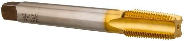 Hertel - 1/2-14 NPT, 4 Flute, Plug Chamfer, TiN Finish, High Speed Steel, Extension Pipe Tap - 6" OAL, 11/16" Shank Diam, 1-3/8" Thread Length - Apex Tool & Supply