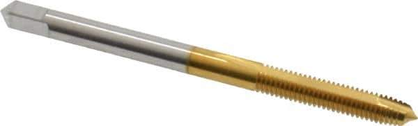 Hertel - M3.5x0.60 Metric Coarse, 2 Flute, TiN Finish, High Speed Steel Spiral Point Tap - Plug Chamfer, Right Hand Thread, 2" OAL, 11/16" Thread Length, 0.141" Shank Diam, 6H Class of Fit - Exact Industrial Supply