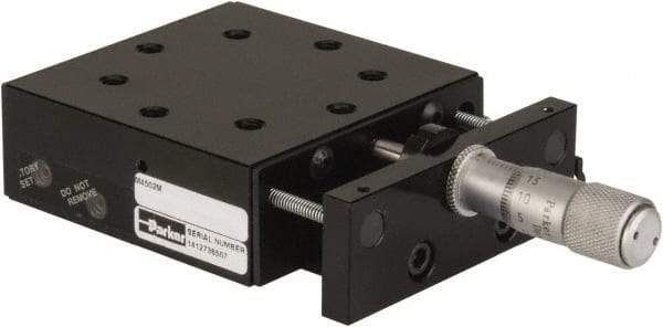 Parker - 29 Kg Capacity, M5 Mount Hole, 13mm Travel, Precision Ball Bearing Table with Center Drive - Single Axis, 8 Mounting Holes, 66-1/2mm Long x 66-1/2mm Wide x 25.4mm High - Apex Tool & Supply