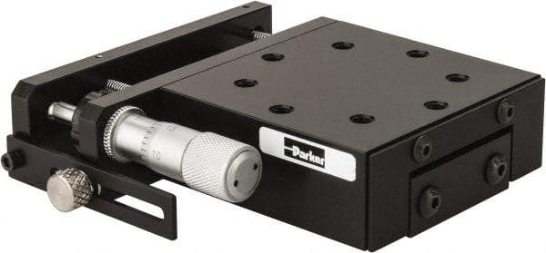 Parker - 62 Lb. Capacity, 10-32 Mount Hole, 1/2" Travel, Precision Ball Bearing Table with Side Drive - Single Axis, 8 Mounting Holes, 2.56" Long x 2.62" Wide x 1" High - Apex Tool & Supply