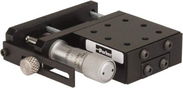 Parker - 25 Lb. Capacity, 6-32 Mount Hole, 1/2" Travel, Precision Ball Bearing Table with Side Drive - Single Axis, 8 Mounting Holes, 1-3/4" Long x 1-3/4" Wide x 3/4" High - Apex Tool & Supply