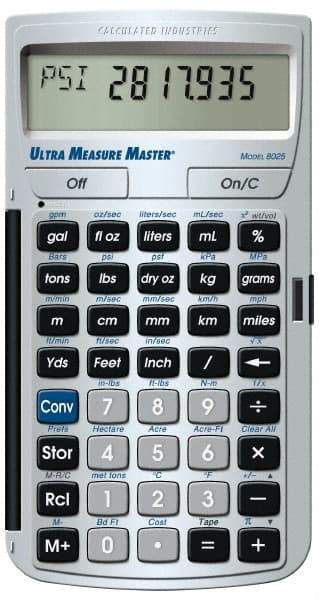 Calculated Industries - 11-Digit LCD (7 Normal & 4 Fractions) 400 Function Handheld Calculator - 0.73" x 2.56" (19.00mm x 65.0mm) Display Size, Silver, CR-2016 Powered, 7" Long x 5" Wide x 1" High - Apex Tool & Supply
