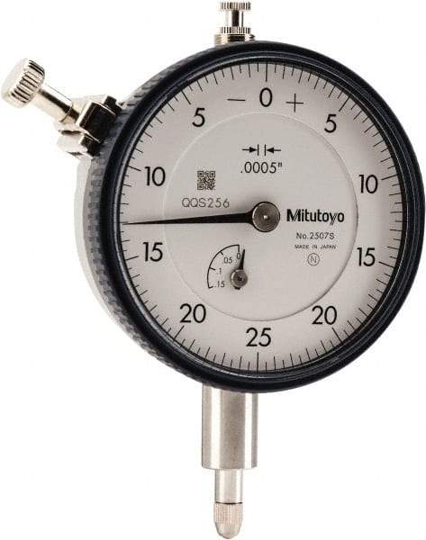 Mitutoyo - 1/8" Range, 0-25-0 Dial Reading, 0.0005" Graduation Dial Drop Indicator - 2-1/4" Dial, 0.05" Range per Revolution, 0.0005" Accuracy, Revolution Counter - Apex Tool & Supply
