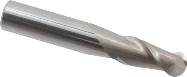 Accupro - 15/32" Diam, 1" LOC, 2 Flute Solid Carbide Ball End Mill - Uncoated, Single End, 3" OAL, 1/2" Shank Diam, Spiral Flute - Apex Tool & Supply