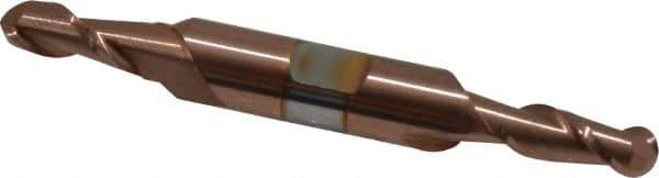 Accupro - 1/4" Diam, 5/8" LOC, 2 Flute Solid Carbide Ball End Mill - TiCN Finish, Double End, 3" OAL, 3/8" Shank Diam, Spiral Flute - Apex Tool & Supply