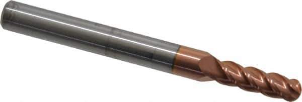 Accupro - 13/64" Diam, 5/8" LOC, 4 Flute Solid Carbide Ball End Mill - TiCN Finish, Single End, 2-1/2" OAL, 1/4" Shank Diam, Spiral Flute - Apex Tool & Supply