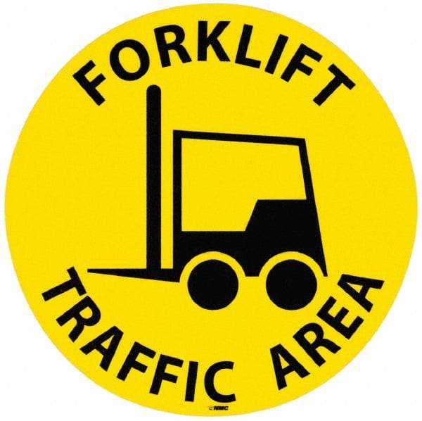 NMC - Forklift Traffic Area, Anti-Skid Pressure-Sensitive Vinyl Floor Sign - Round, Black on Yellow, Adhesive Backed, For Accident Prevention - Apex Tool & Supply