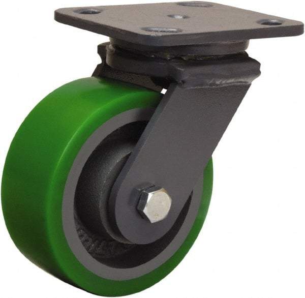 Hamilton - 5" Diam x 2" Wide x 6-1/2" OAH Top Plate Mount Swivel Caster - Polyurethane Mold onto Cast Iron Center, 1,050 Lb Capacity, Tapered Roller Bearing, 4 x 5" Plate - Apex Tool & Supply