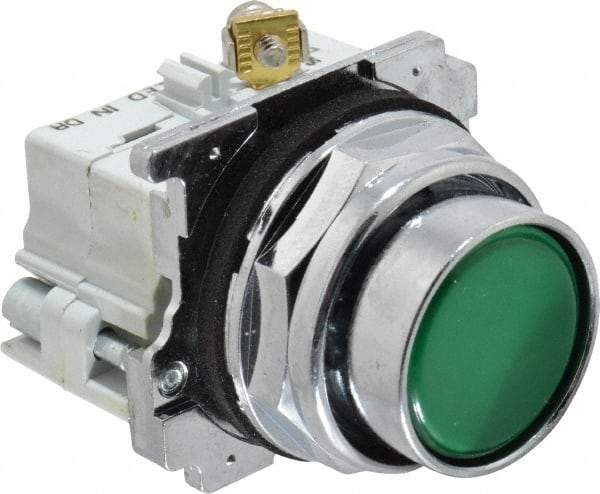 Eaton Cutler-Hammer - 30-1/2mm Mount Hole, Flush, Pushbutton Switch with Contact Block - Round, Green Pushbutton, Nonilluminated, Momentary (MO), Corrosion Resistant, Oiltight and Watertight - Apex Tool & Supply
