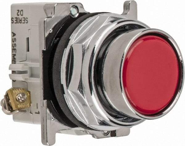 Eaton Cutler-Hammer - 30-1/2mm Mount Hole, Flush, Pushbutton Switch with Contact Block - Round, Red Pushbutton, Nonilluminated, Momentary (MO), Corrosion Resistant, Oiltight and Watertight - Apex Tool & Supply