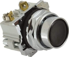 Eaton Cutler-Hammer - 30-1/2mm Mount Hole, Flush, Pushbutton Switch with Contact Block - Round, Black Pushbutton, Nonilluminated, Momentary (MO), Corrosion Resistant, Oiltight and Watertight - Apex Tool & Supply