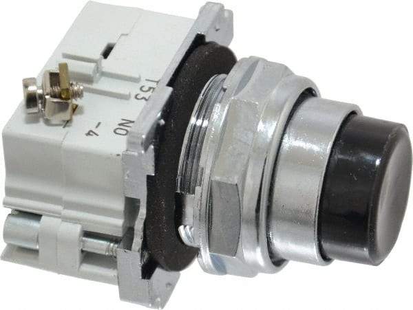 Eaton Cutler-Hammer - 30-1/2mm Mount Hole, Extended Straight, Pushbutton Switch with Contact Block - Round, Black Pushbutton, Nonilluminated, Momentary (MO), Corrosion Resistant, Oiltight and Watertight - Apex Tool & Supply