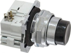 Eaton Cutler-Hammer - 30-1/2mm Mount Hole, Extended Straight, Pushbutton Switch with Contact Block - Round, Black Pushbutton, Nonilluminated, Momentary (MO), Corrosion Resistant, Oiltight and Watertight - Apex Tool & Supply