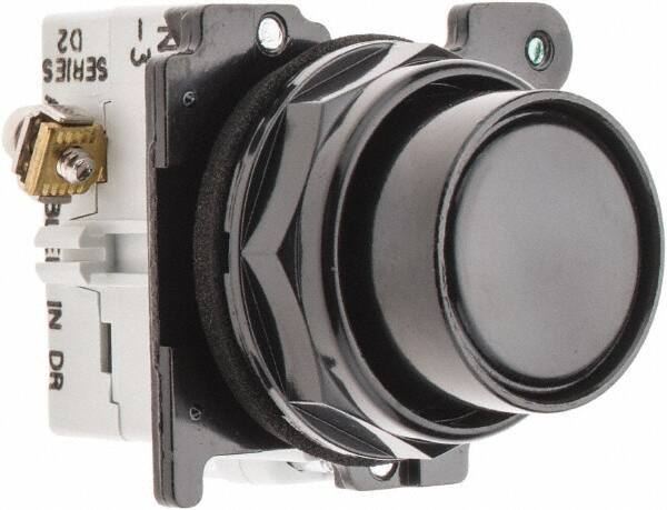 Eaton Cutler-Hammer - 30-1/2mm Mount Hole, Flush, Pushbutton Switch with Contact Block - Round, Black Pushbutton, Nonilluminated, Momentary (MO), Corrosion Resistant, Oiltight and Watertight - Apex Tool & Supply