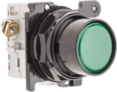 Eaton Cutler-Hammer - 30-1/2mm Mount Hole, Flush, Pushbutton Switch with Contact Block - Round, Green Pushbutton, Nonilluminated, Momentary (MO), Corrosion Resistant, Oiltight and Watertight - Apex Tool & Supply