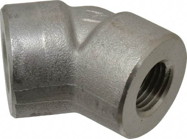 Merit Brass - 1/4" Grade 304/304L Stainless Steel Pipe 45° Elbow - FNPT x FNPT End Connections, 3,000 psi - Apex Tool & Supply