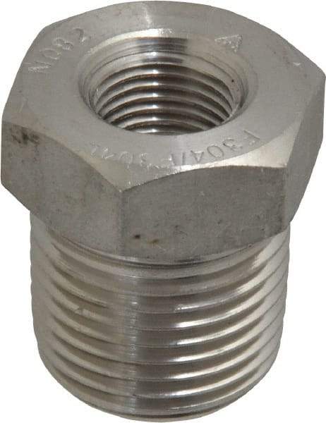 Merit Brass - 3/8 x 1/8" Grade 304/304L Stainless Steel Pipe Hex Bushing - MNPT x FNPT End Connections, 3,000 psi - Apex Tool & Supply