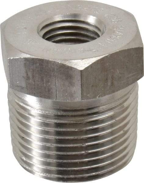 Merit Brass - 3/4 x 1/4" Grade 304/304L Stainless Steel Pipe Hex Bushing - MNPT x FNPT End Connections, 3,000 psi - Apex Tool & Supply