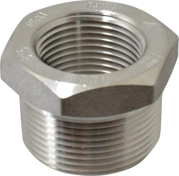 Merit Brass - 1-1/4 x 1" Grade 304/304L Stainless Steel Pipe Hex Bushing - MNPT x FNPT End Connections, 3,000 psi - Apex Tool & Supply