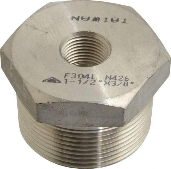Merit Brass - 1-1/2 x 3/8" Grade 304/304L Stainless Steel Pipe Hex Bushing - MNPT x FNPT End Connections, 3,000 psi - Apex Tool & Supply
