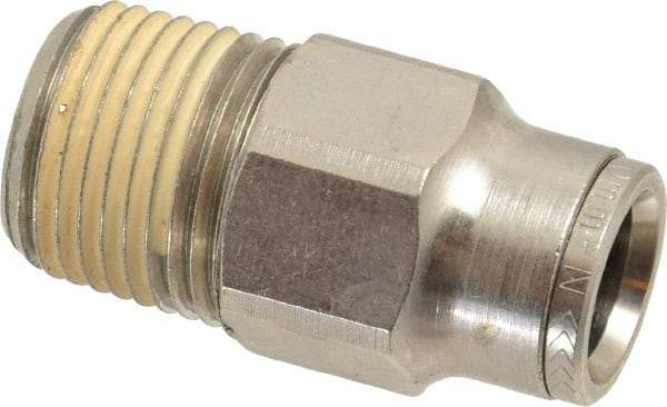 Norgren - 10mm Outside Diam, 3/8 NPTF, Nickel Plated Brass Push-to-Connect Tube Male Connector - 260 Max psi, Tube to Male NPT Connection, Nitrile O-Ring - Apex Tool & Supply