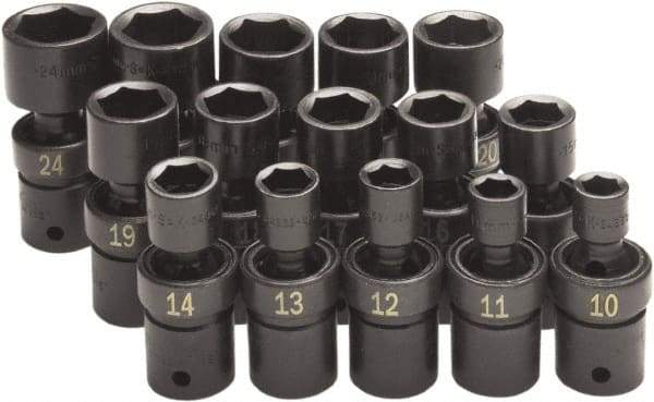 SK - 15 Piece 1/2" Drive Standard Impact Socket Set - 6 Points, 10 to 24mm, Metric Measurement Standard - Apex Tool & Supply