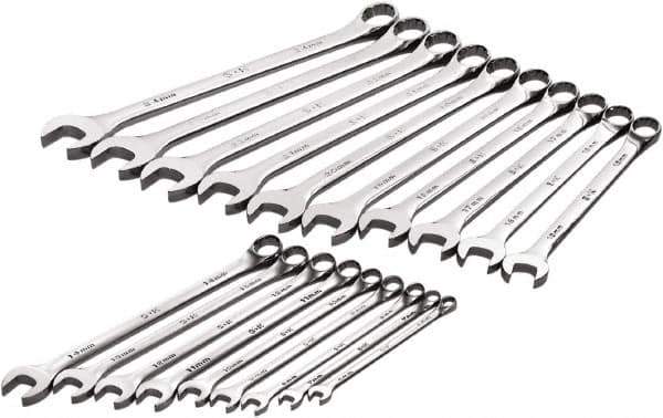 SK - 19 Piece, 6mm to 24mm, 12 Point Combination Wrench Set - Metric Measurement Standard, Full Polish Chrome Finish, Comes in Roll-Up Pouch - Apex Tool & Supply