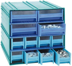 Quantum Storage - 12 Drawer, Black, High Impact Styrene, Interlocking Storage Cabinet with Drawers - 11-3/4" Wide x 11-3/8" Deep x 11-1/8" High Body, (8) 2-3/4, (4) 5-5/8" Wide x 11" Deep x 2-1/2" High Drawers - Apex Tool & Supply