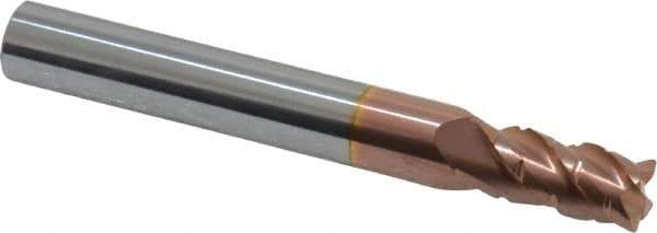ProMax - 9/32" Diam, 1/2" LOC, 4 Flute Solid Carbide Roughing & Finishing Corner Radius End Mill - TiCN Finish, 2-1/2" OAL, 5/16" Shank Diam, Weldon Shank, 40° Helix, Centercutting, Stub Length - Apex Tool & Supply