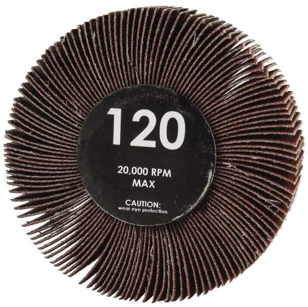 Value Collection - 3" Diam x 1" Face Width, Fine Aluminum Oxide Coated Mounted Flap Wheel - 1/4" Shank Mount, 120 Grit, Cloth Backing, 23,800 Max RPM - Apex Tool & Supply