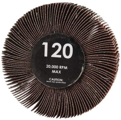 Value Collection - 3" Diam x 1" Face Width, Fine Aluminum Oxide Coated Mounted Flap Wheel - 1/4" Shank Mount, 120 Grit, Cloth Backing, 23,800 Max RPM - Apex Tool & Supply