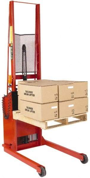 Wesco Industrial Products - 1,000 Lb Capacity, 76" Lift Height, Battery Powered Stacker - 3/4" Lowered Height, 15" Load Center, 25" Fork Length, 25" Overall Width - Apex Tool & Supply