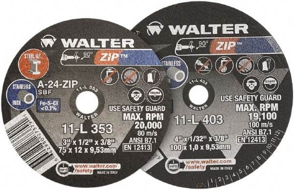 WALTER Surface Technologies - 4" 24 Grit Aluminum Oxide Cutoff Wheel - 1/16" Thick, 3/8" Arbor, 19,100 Max RPM, Use with Die Grinders - Apex Tool & Supply