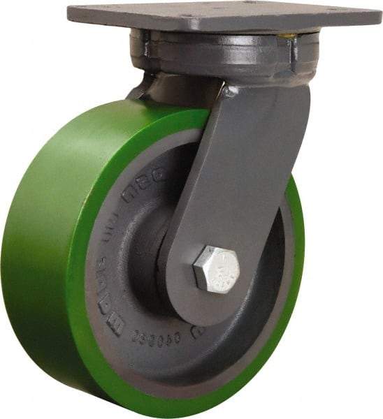 Hamilton - 8" Diam x 3" Wide x 10-1/2" OAH Top Plate Mount Swivel Caster - Polyurethane Mold onto Cast Iron Center, 2,500 Lb Capacity, Tapered Roller Bearing, 5-1/4 x 7-1/4" Plate - Apex Tool & Supply