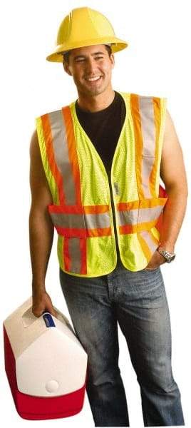 OccuNomix - Size 3X/4XL High Visibility Yellow Mesh Expandable Vest - 58 to 64" Chest, ANSI 107-2015, Zipper Closure, 3 Pockets, Polyester - Apex Tool & Supply
