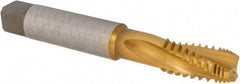 Emuge - 1/4-18 NPT, 15° Helix, 3 Flutes, TiN Finish, Cobalt, Spiral Flute Pipe Tap - Right Hand Flute, 1.06" Thread Length, 0.421" Square Size, Series KEG - Apex Tool & Supply