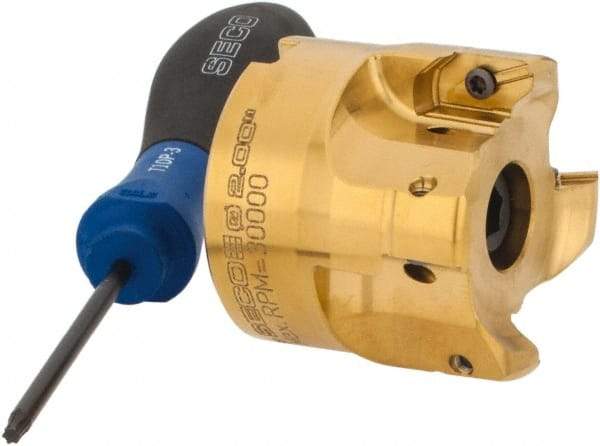 Seco - 2" Cut Diam, 0.295" Max Depth, 3/4" Arbor Hole, 4 Inserts, XPKX12 Insert Style, Indexable Copy Face Mill - R220.97-12 Cutter Style, 30,000 Max RPM, 1.77" High, Through Coolant, Series R220 - Apex Tool & Supply