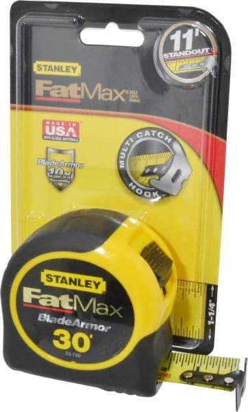 Stanley - 30' x 1-1/4" Yellow Blade Tape Measure - 1/16" Graduation, Inch Graduation Style, Yellow/Black Case - Apex Tool & Supply