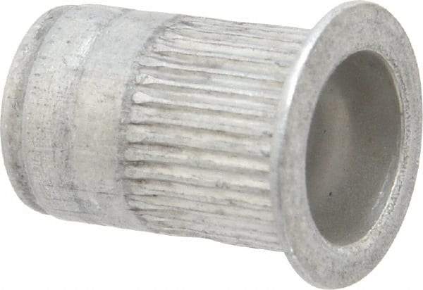 Made in USA - M6x1.00, 9.91mm Insert Diam, 14.73mm OAL, Knurled Body Open End Threaded Insert - 10mm Hole Diam, 12.7mm Head Diam, 5056 Aluminum, Clear Protective Coating - Apex Tool & Supply