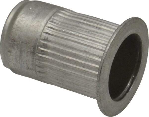 Made in USA - 3/8-16, 0.53 Insert Diam, 0.805" OAL, Knurled Body Open End Threaded Insert - 0.5312" Hole Diam, 0.685" Head Diam, 5056 Aluminum, Clear Protective Coating - Apex Tool & Supply