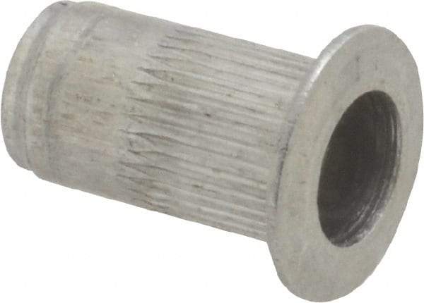 Made in USA - #8-32, 0.265 Insert Diam, 0.47" OAL, Knurled Body Open End Threaded Insert - 0.2656" Hole Diam, 0.39" Head Diam, 5056 Aluminum, Clear Protective Coating - Apex Tool & Supply